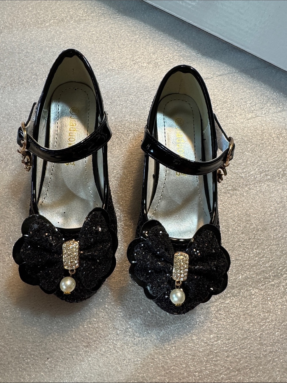 Black Glitter Mary Jane Heels with Bow Detail - Picture 6 of 12